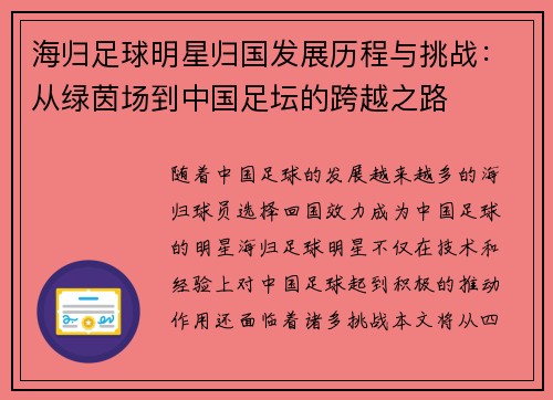 海归足球明星归国发展历程与挑战：从绿茵场到中国足坛的跨越之路